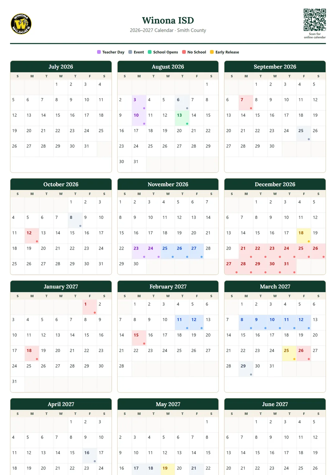 Winona ISD printable 2026–2027 calendar