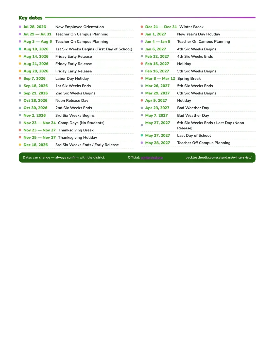 Winters ISD Calendar for the Year 26-27 — key dates