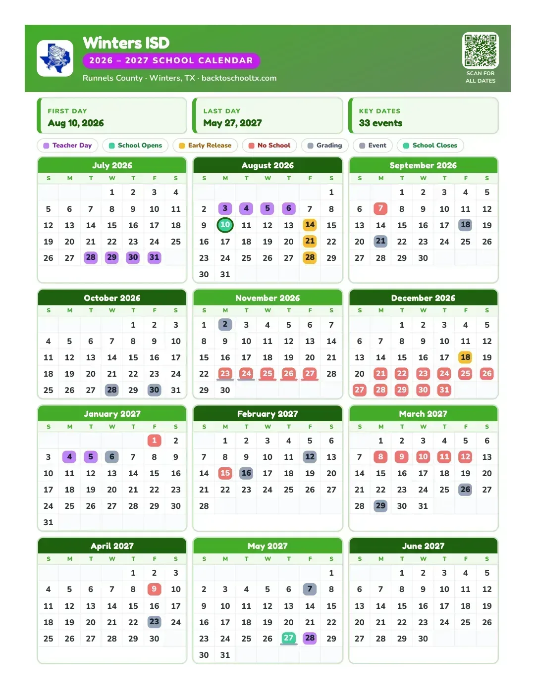 Winters ISD Calendar for the Year 26-27