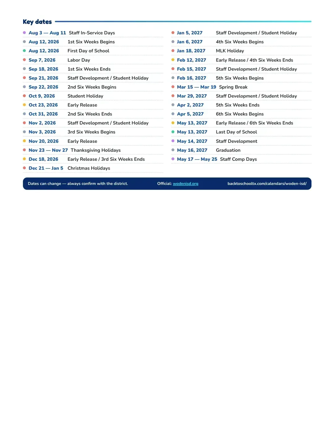 Woden ISD Calendar for the Year 26-27 — key dates