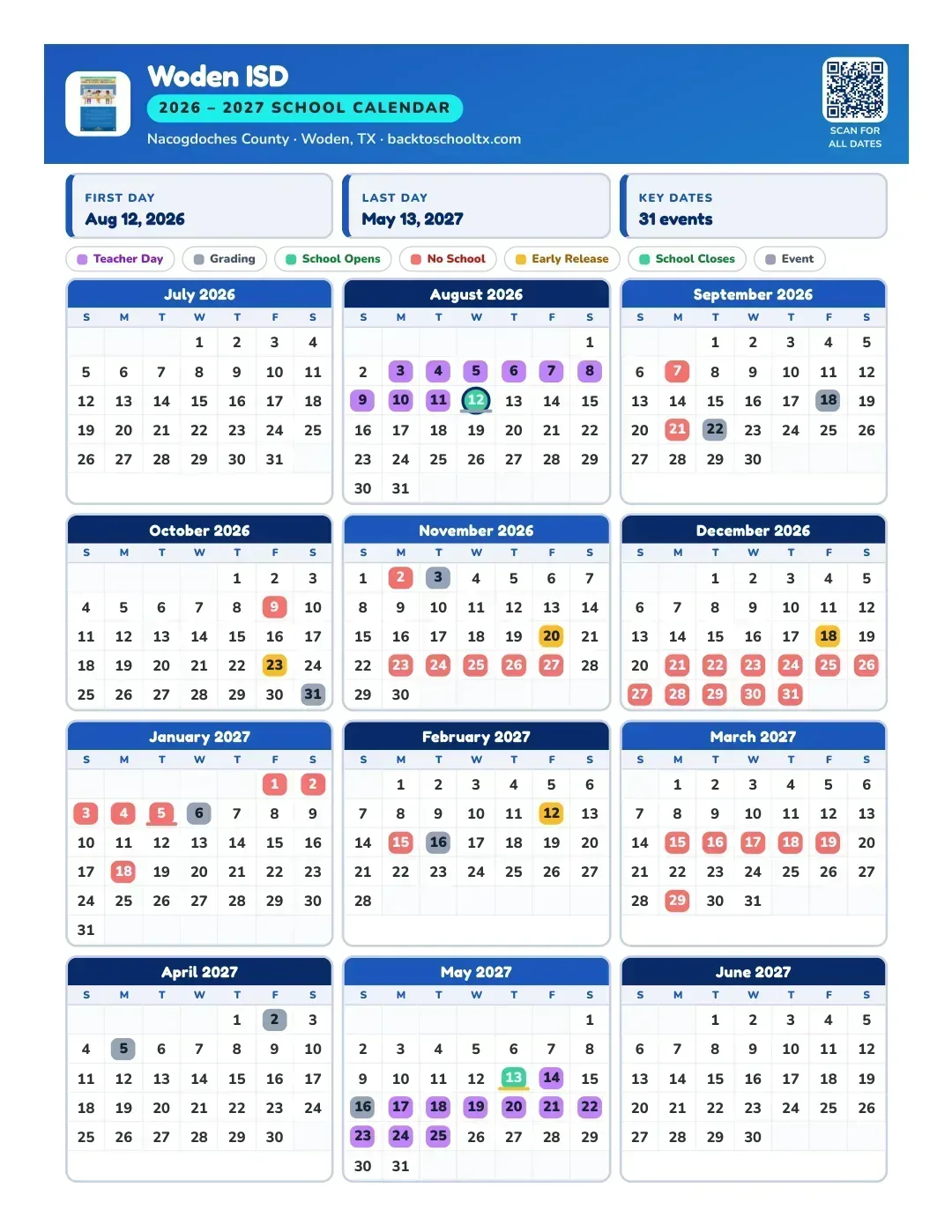 Woden ISD Calendar for the Year 26-27