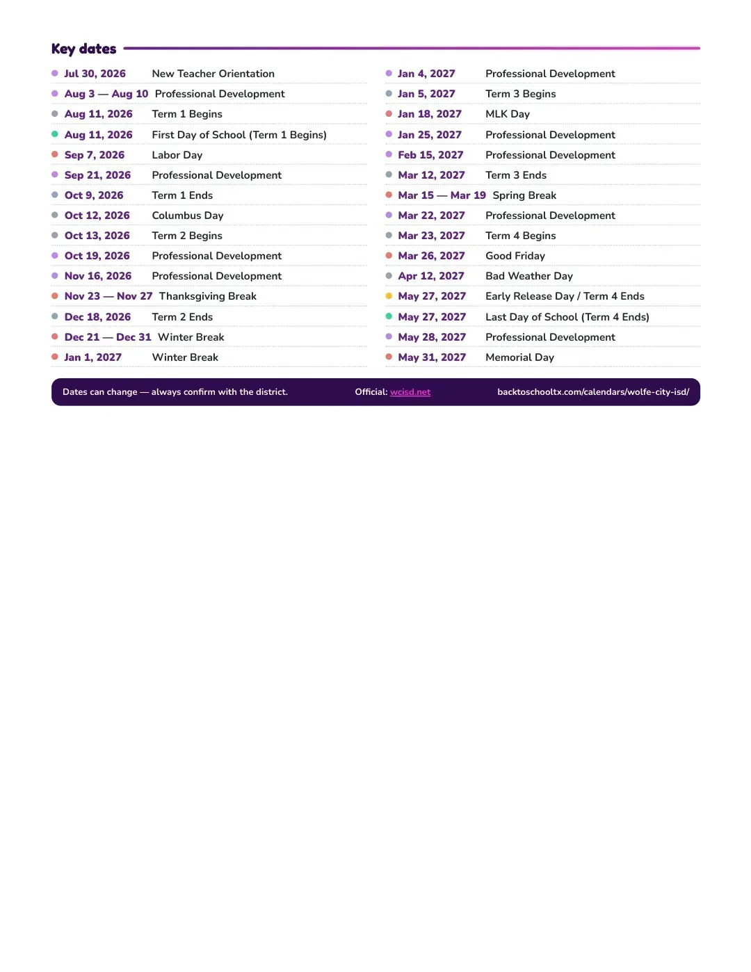 Wolfe City ISD Calendar for the Year 26-27 — key dates
