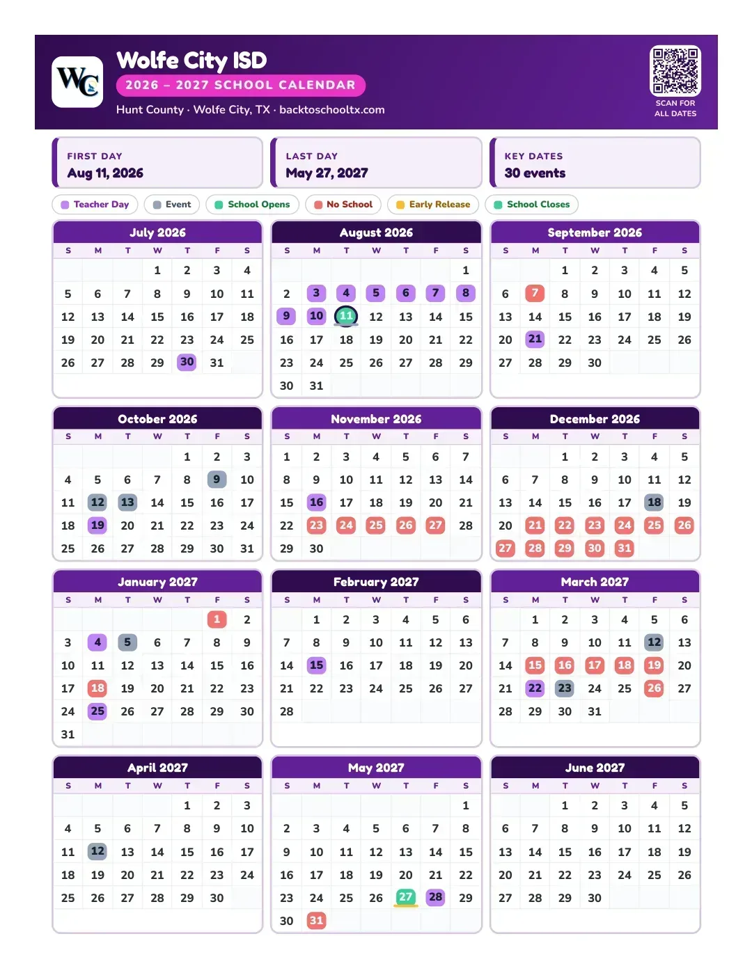 Wolfe City ISD Calendar for the Year 26-27