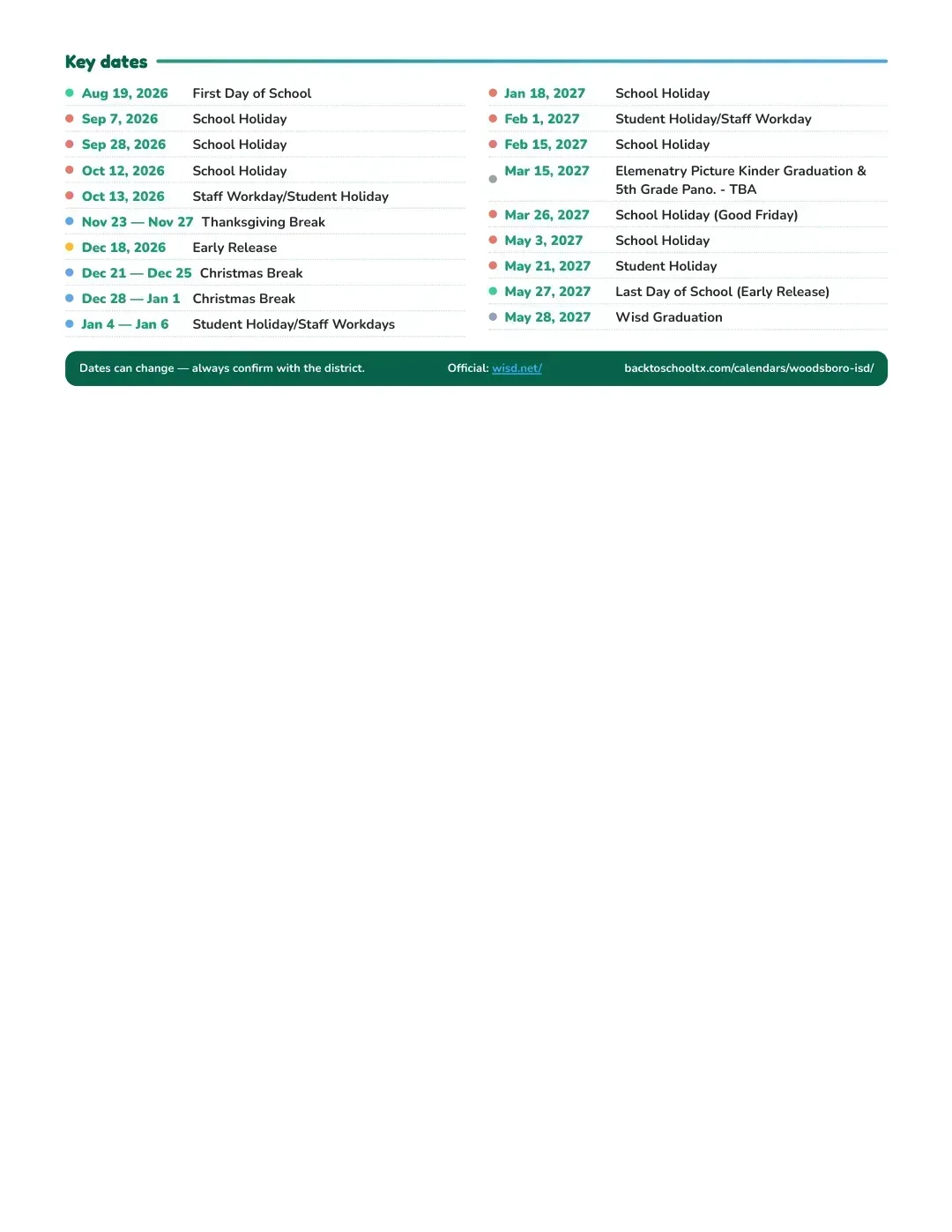 Woodsboro ISD Calendar for the Year 26-27 — key dates