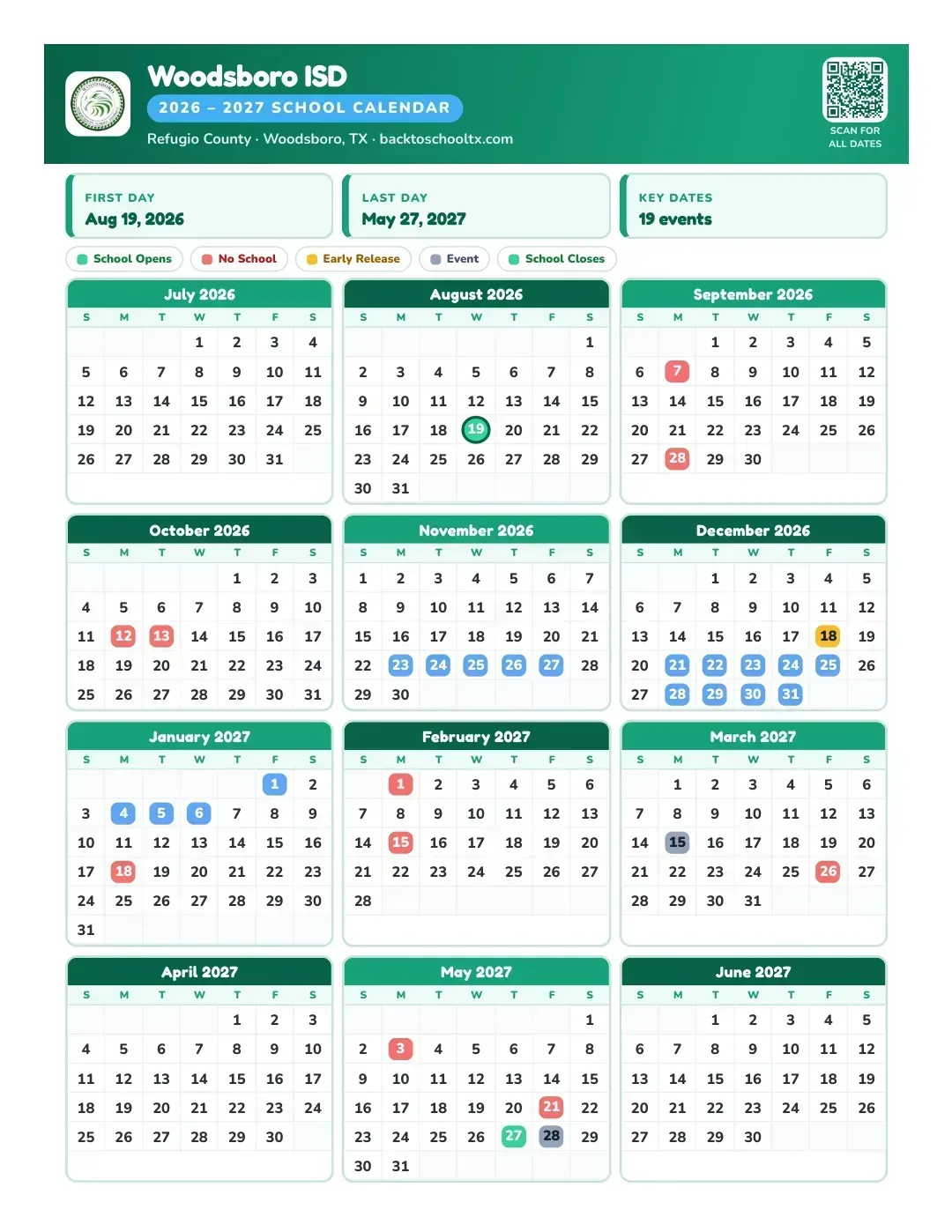 Woodsboro ISD Calendar for the Year 26-27