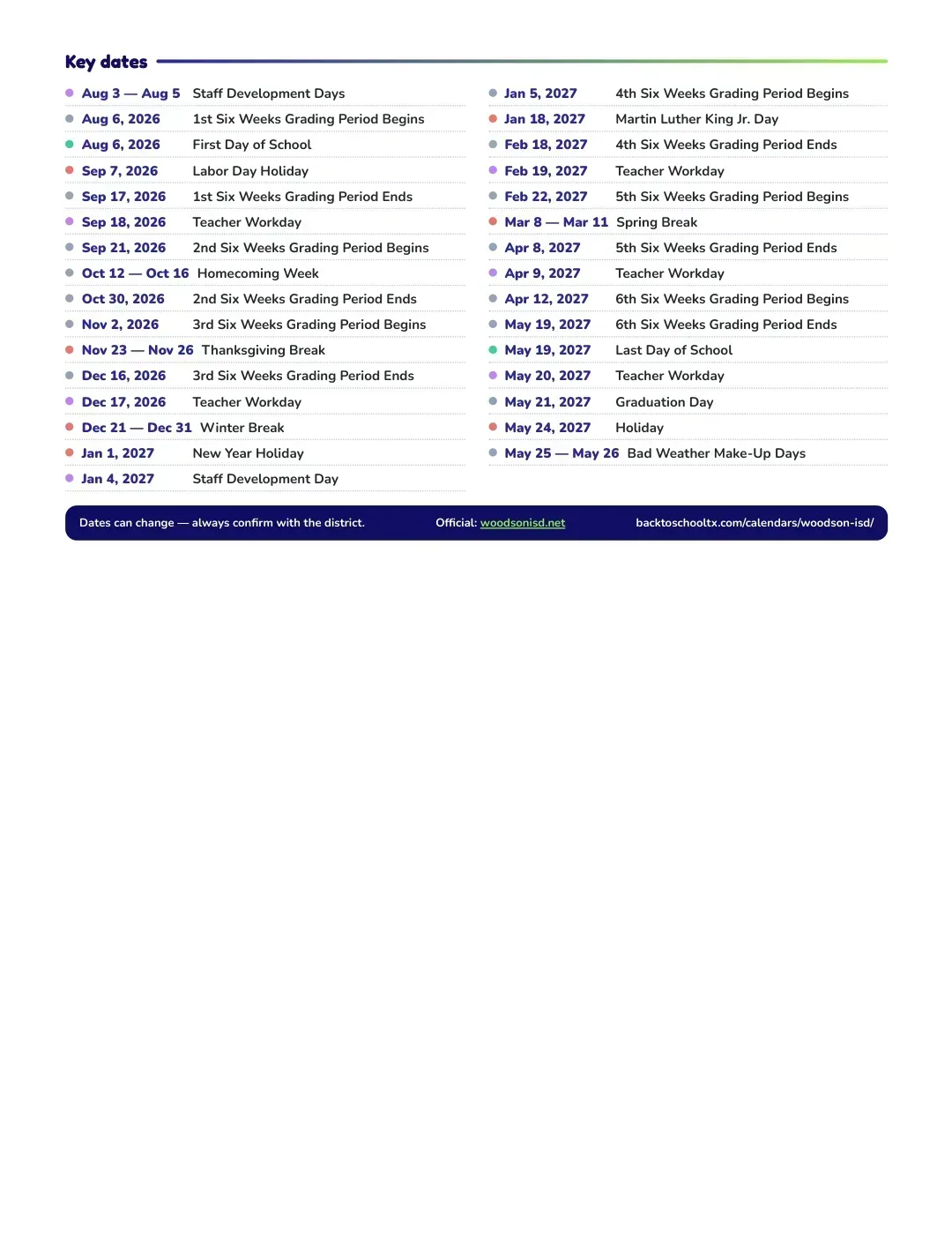 Woodson ISD Calendar for the Year 26-27 — key dates
