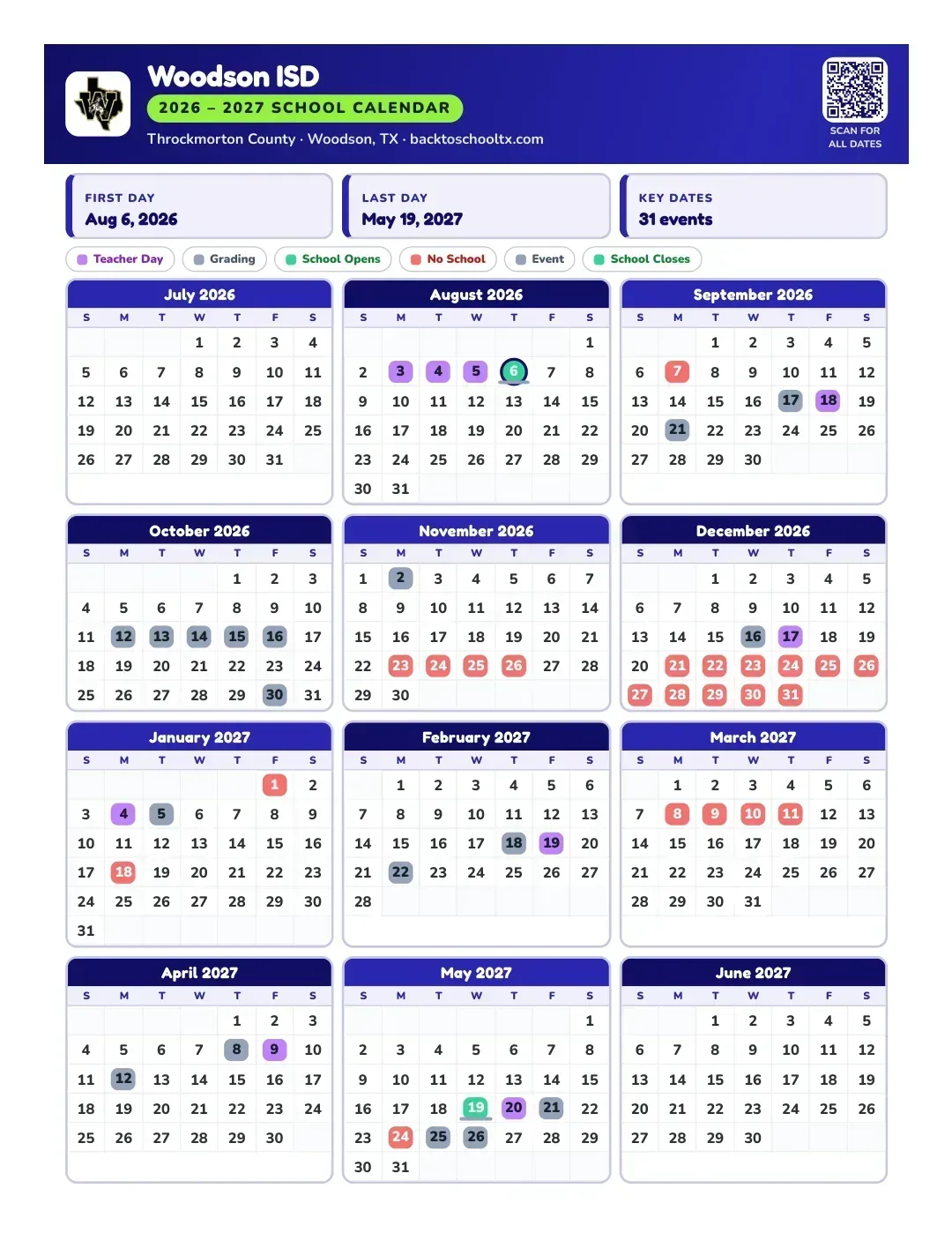 Woodson ISD Calendar for the Year 26-27