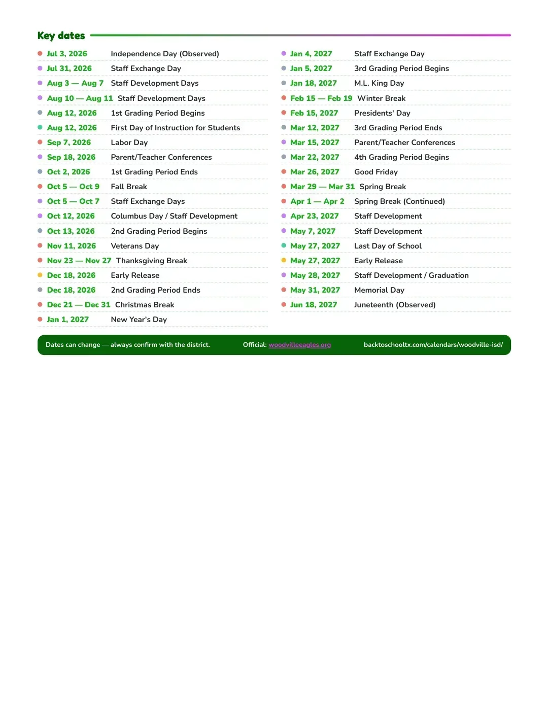 Woodville ISD Calendar for the Year 26-27 — key dates