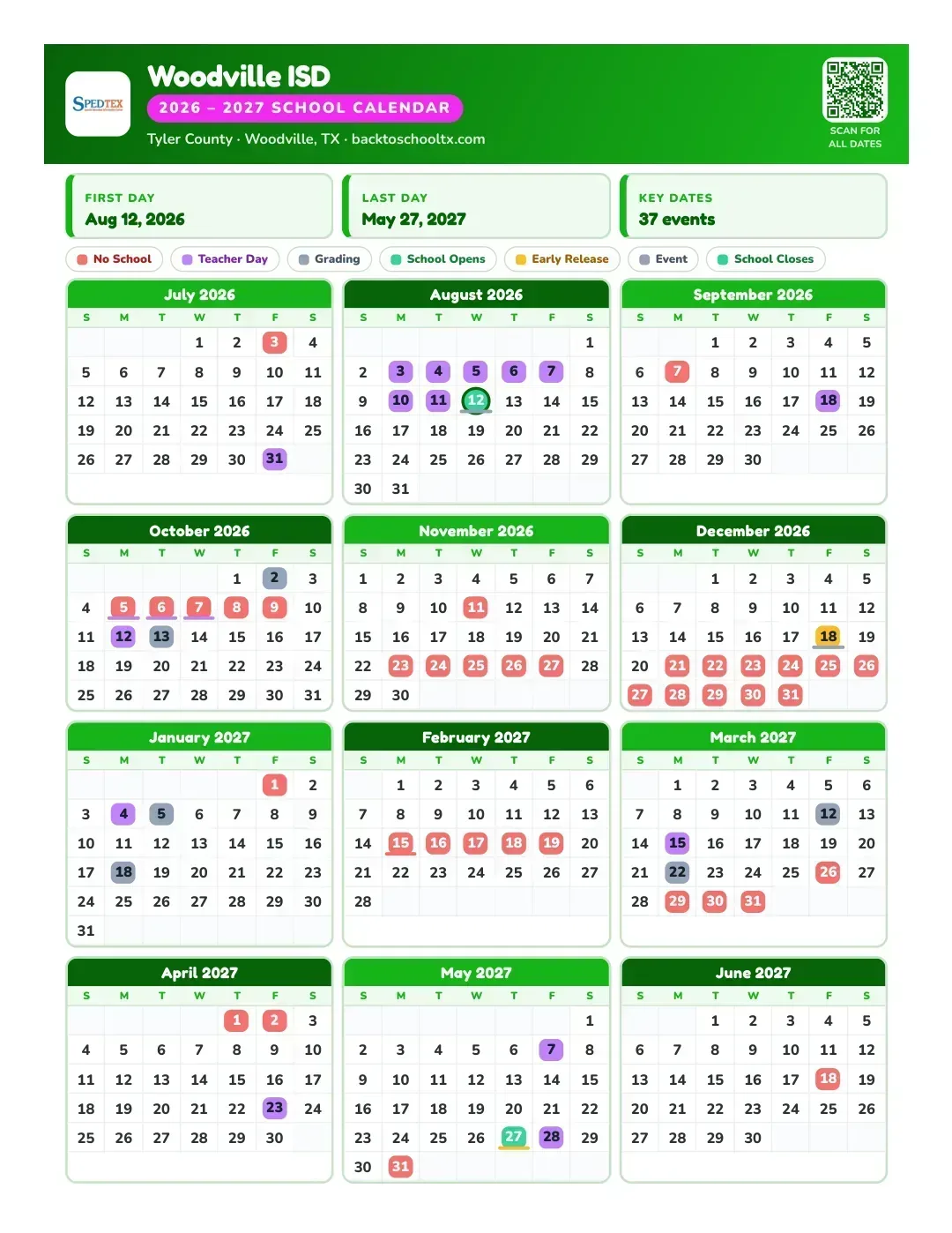 Woodville ISD Calendar for the Year 26-27