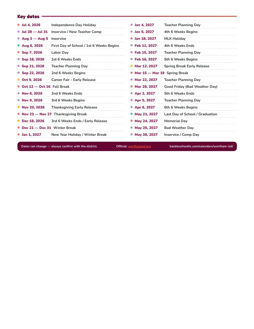 Wortham ISD Calendar for the Year 26-27 — key dates