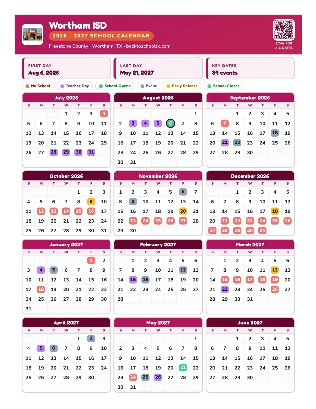 Wortham ISD Calendar for the Year 26-27