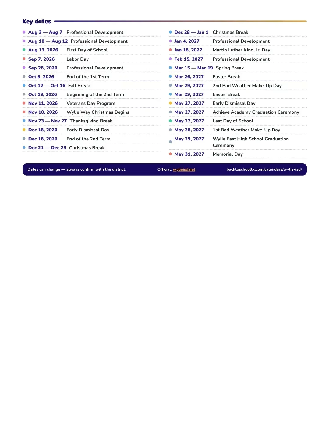 Wylie ISD Calendar for the Year 26-27 — key dates