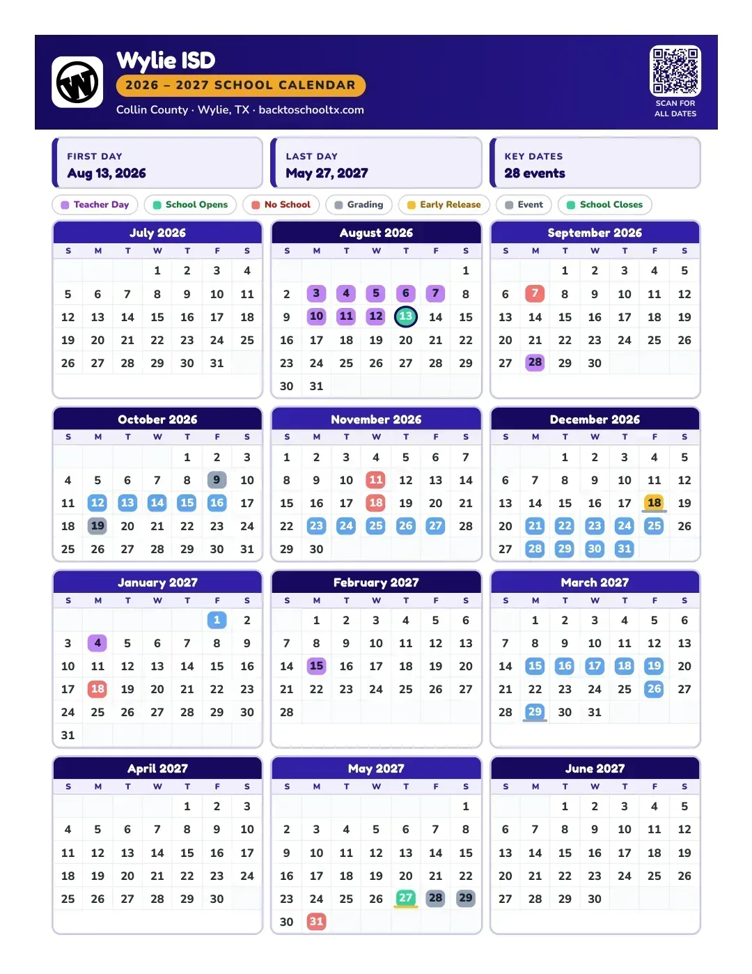 Wylie ISD Calendar for the Year 26-27