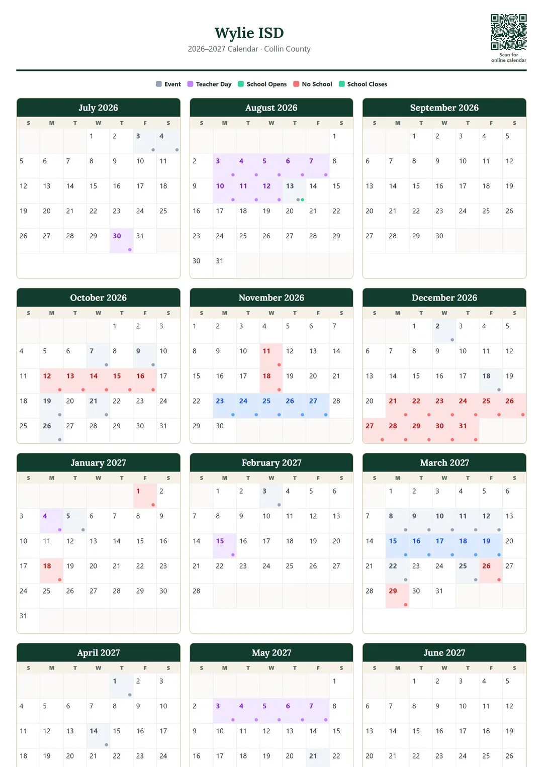 Wylie ISD printable 2026–2027 calendar