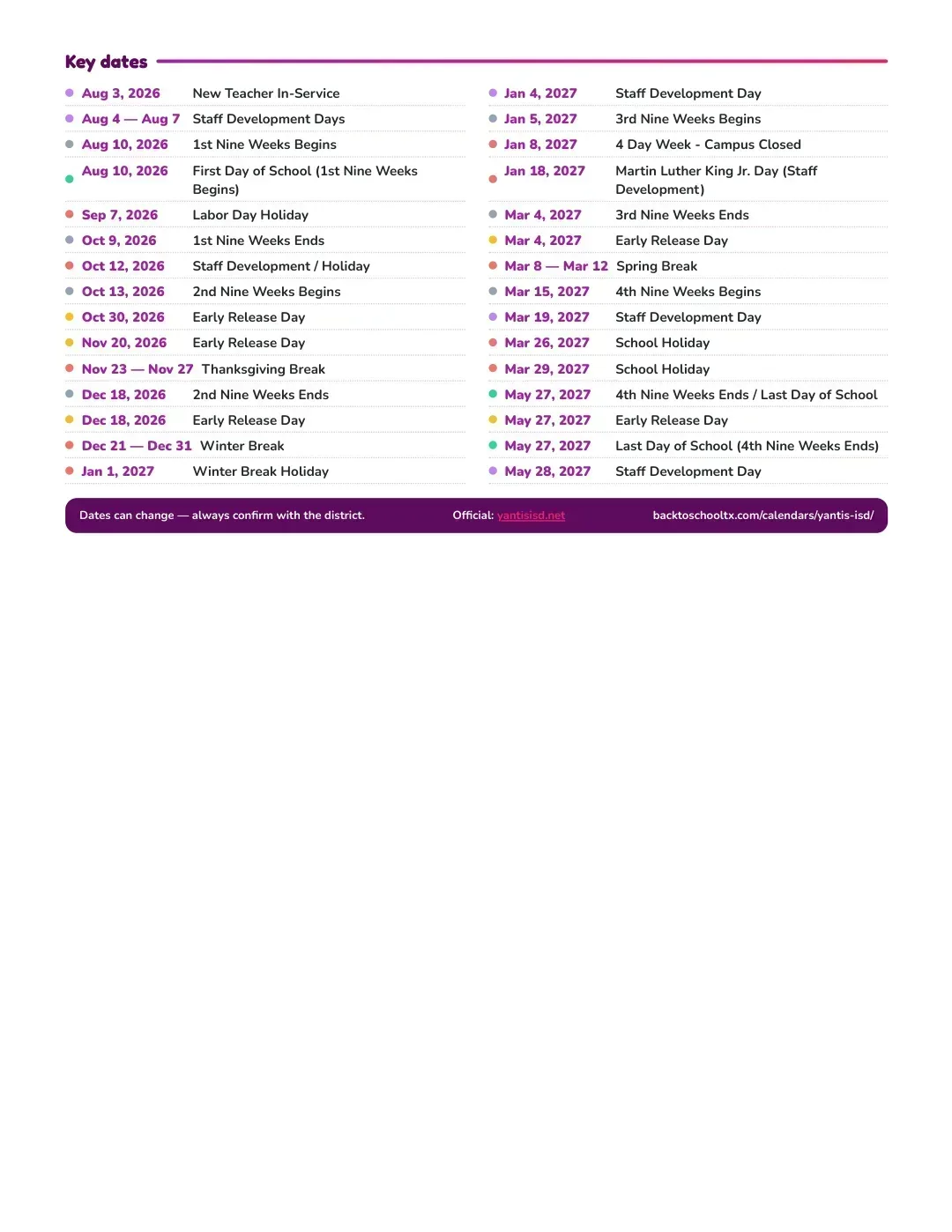 Yantis ISD Calendar for the Year 26-27 — key dates