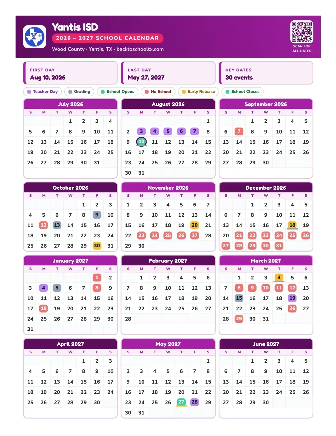 Yantis ISD Calendar for the Year 26-27