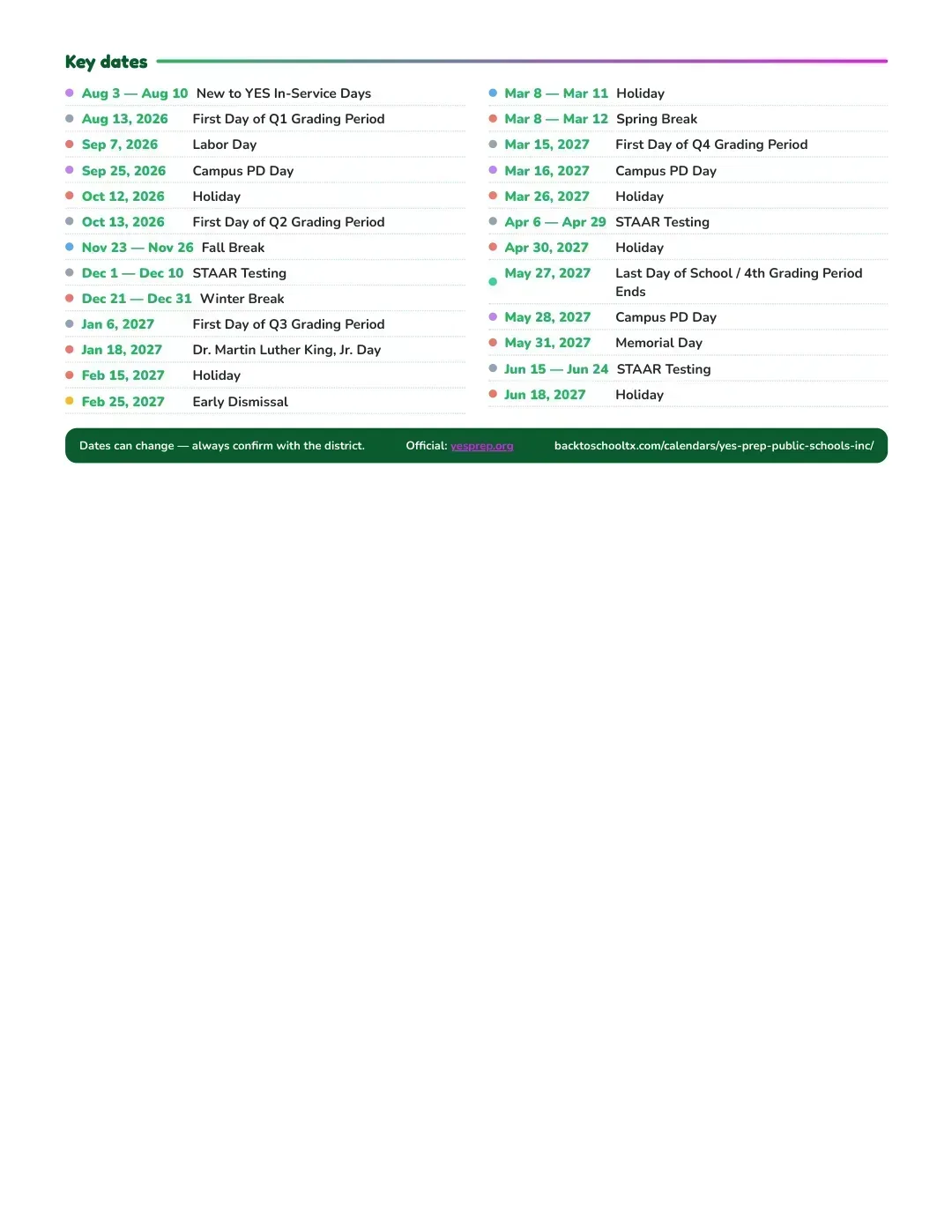 Yes Prep Public Schools Inc Calendar for the Year 26-27 — key dates