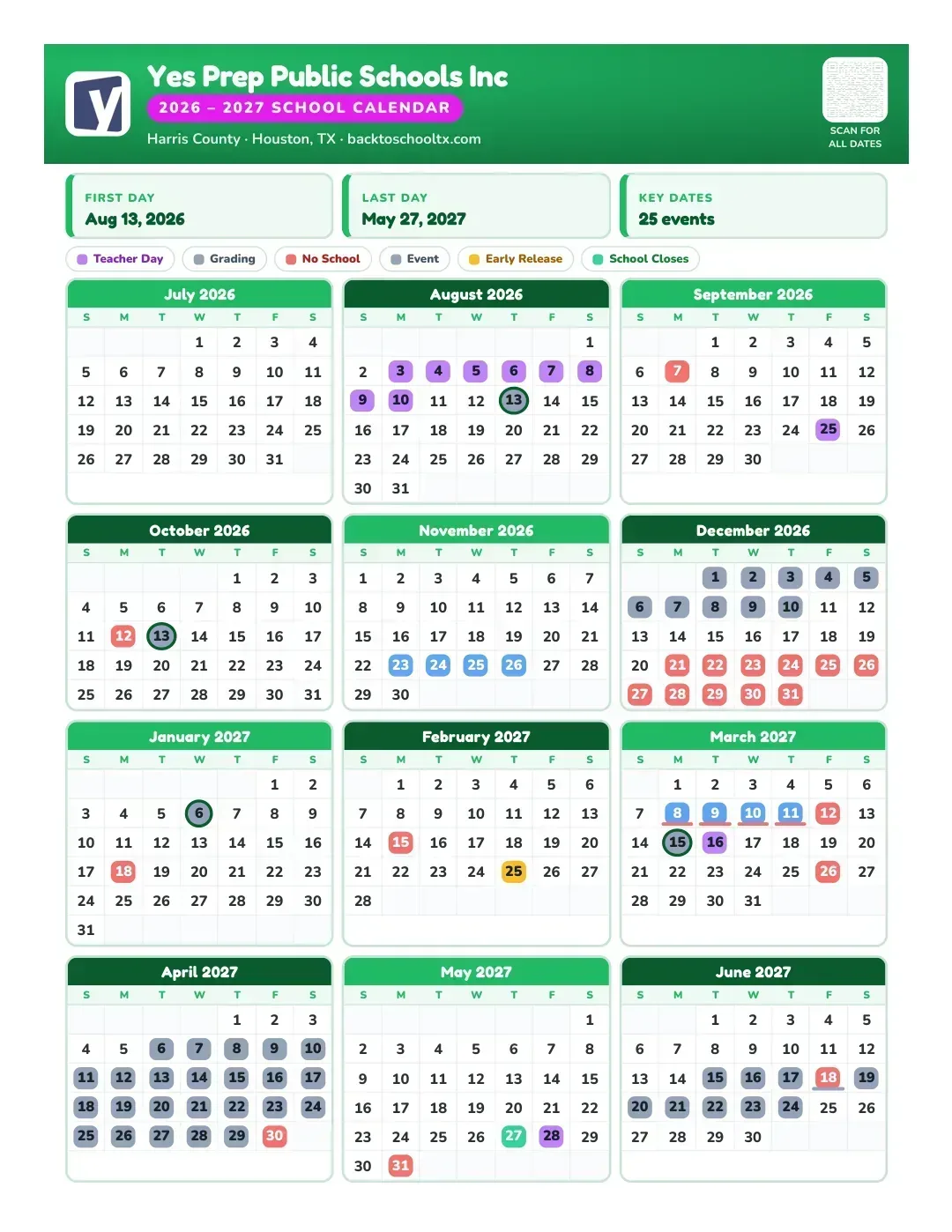 Yes Prep Public Schools Inc Calendar for the Year 26-27