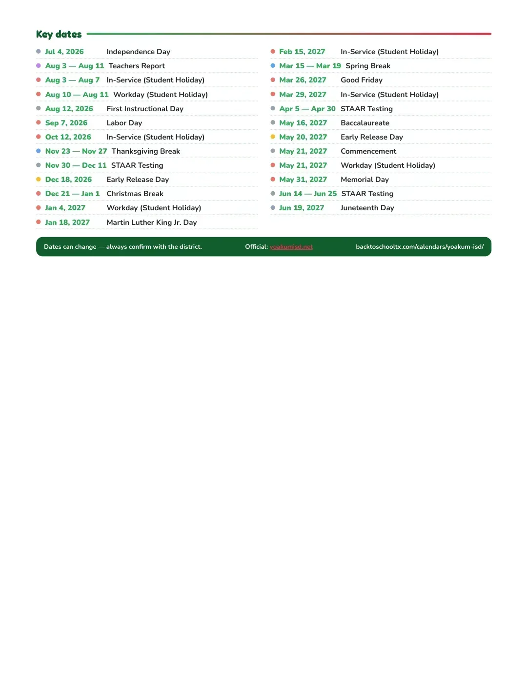 Yoakum ISD Calendar for the Year 26-27 — key dates