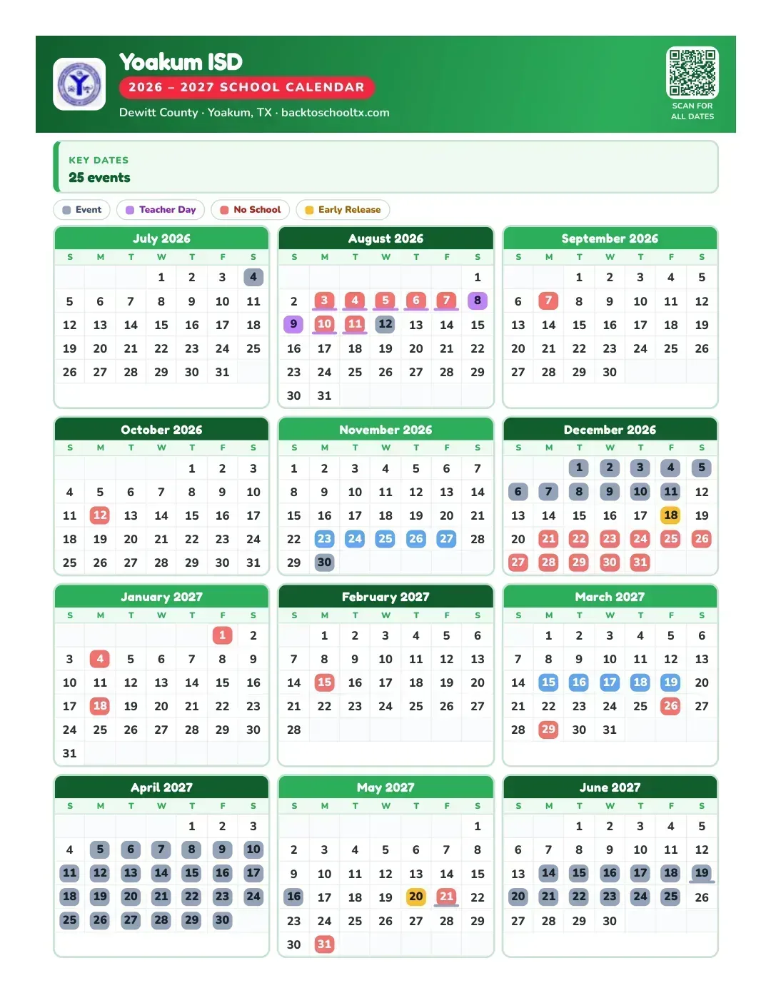 Yoakum ISD Calendar for the Year 26-27