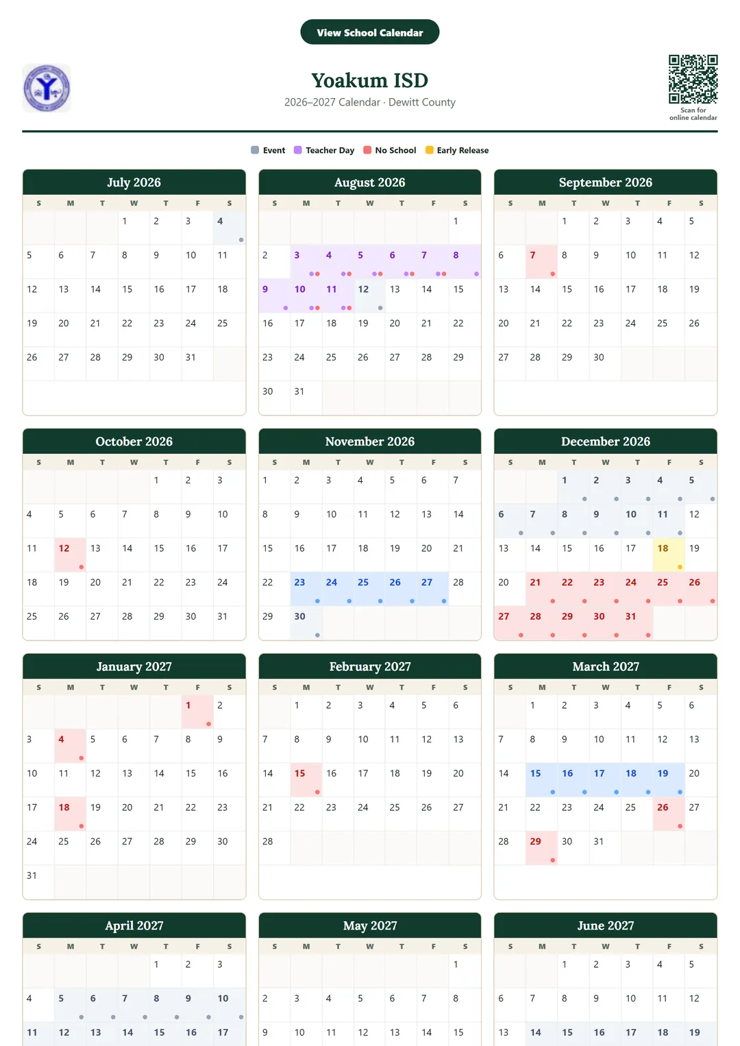 Yoakum ISD printable 2026–2027 calendar