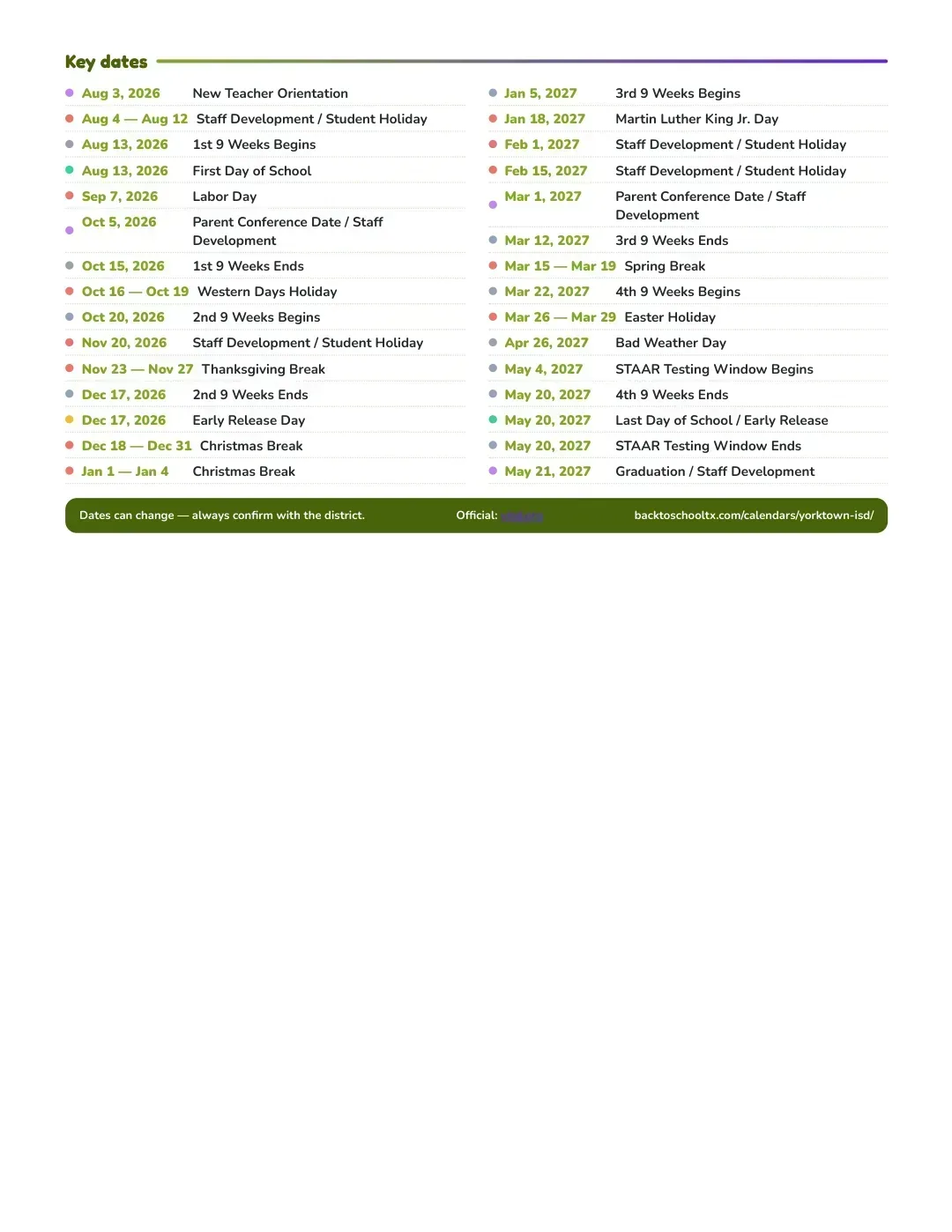Yorktown ISD Calendar for the Year 26-27 — key dates