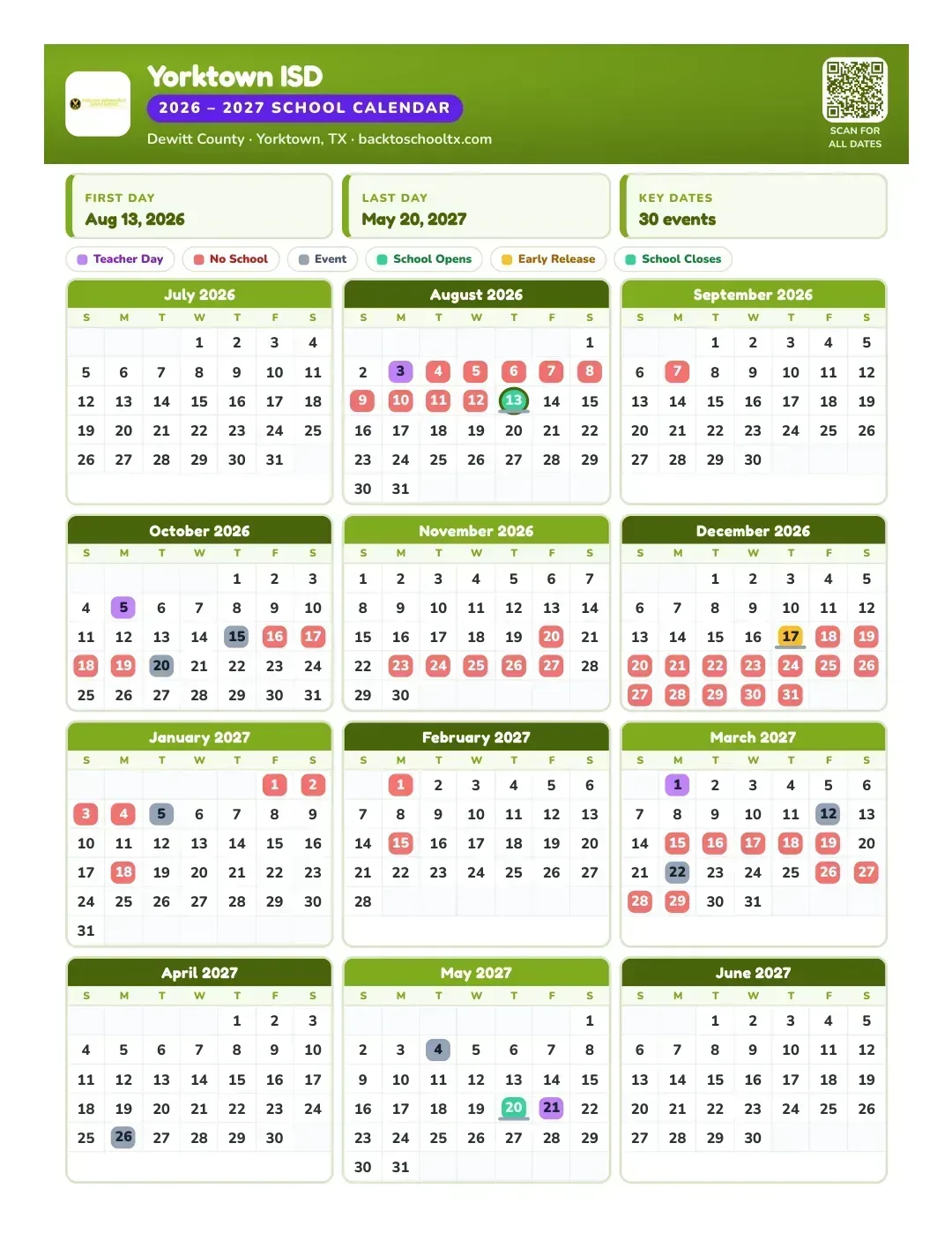 Yorktown ISD Calendar for the Year 26-27