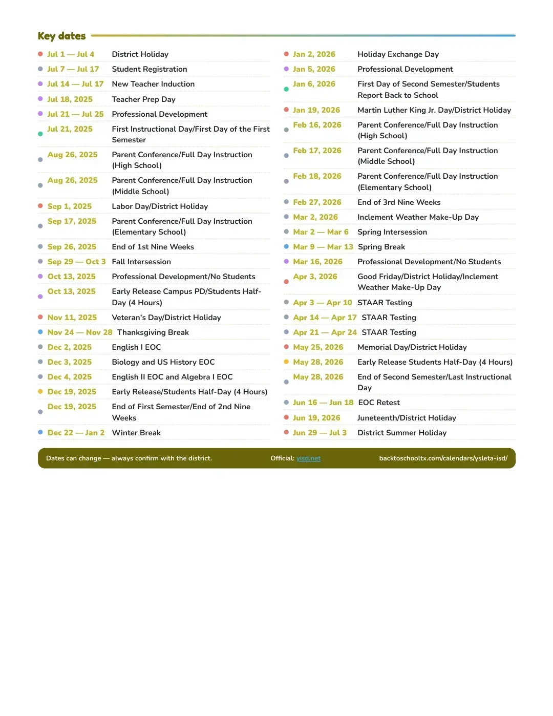 Ysleta ISD Calendar for the Year 26-27 — key dates