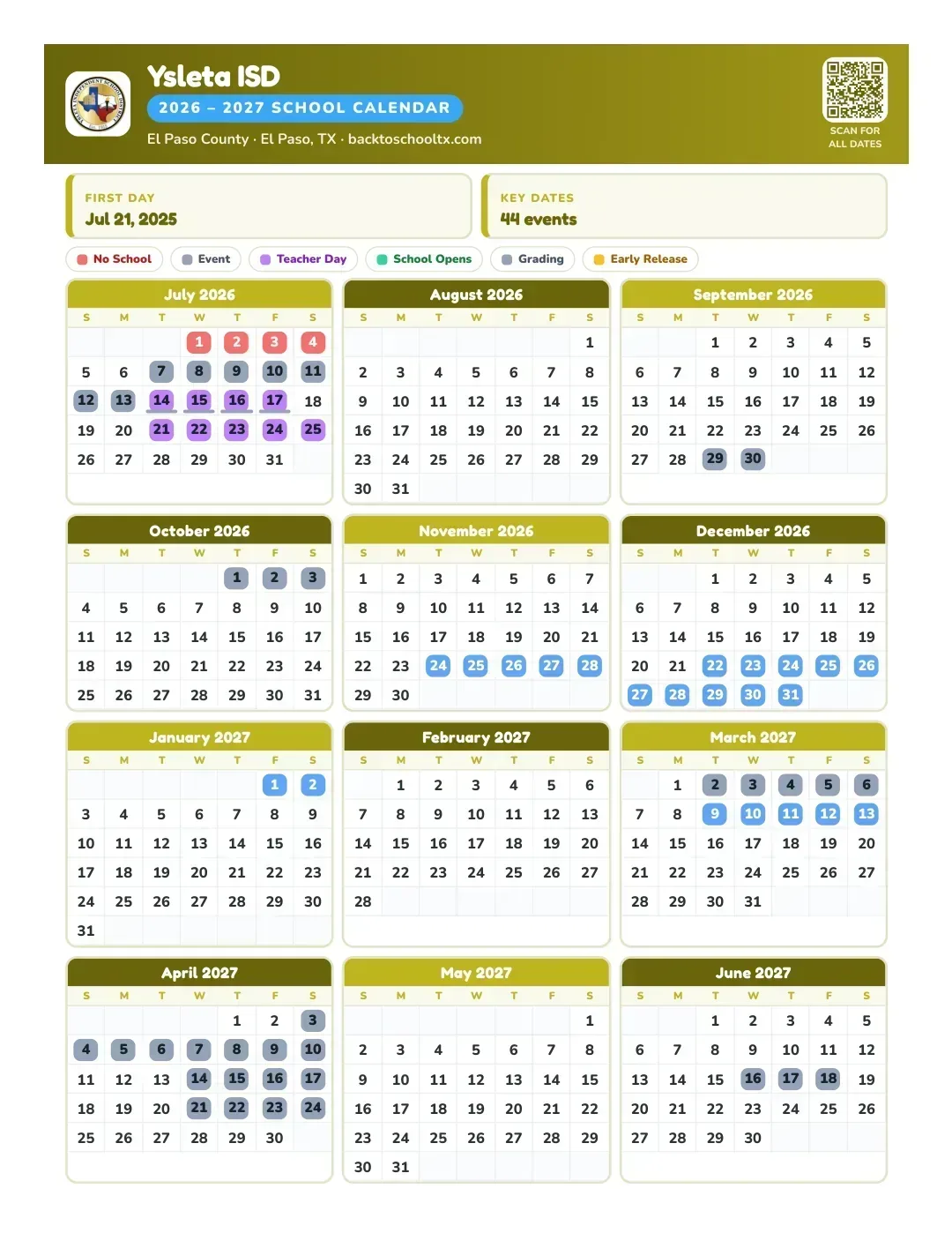 Ysleta ISD Calendar for the Year 26-27