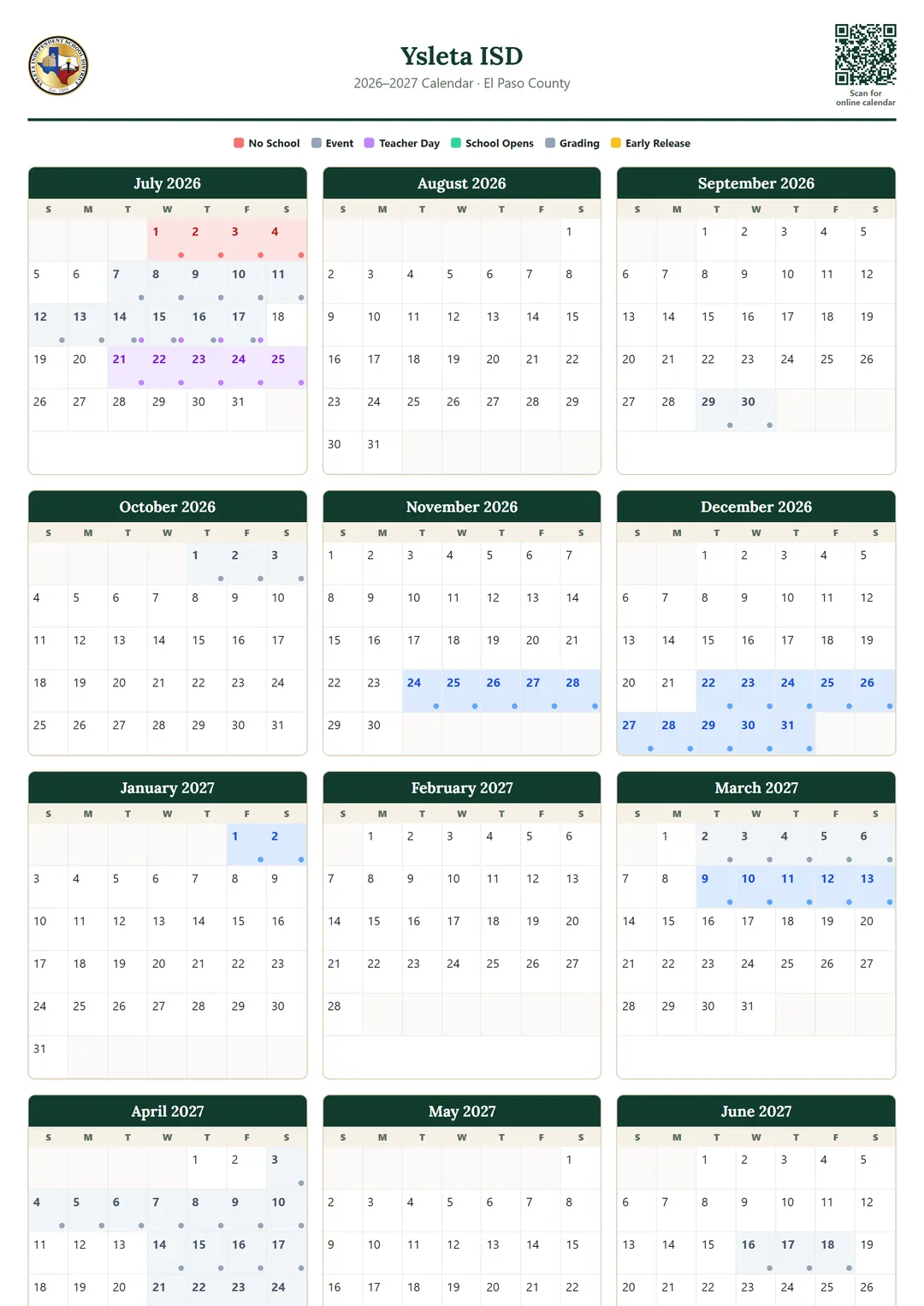 Ysleta ISD printable 2026–2027 calendar