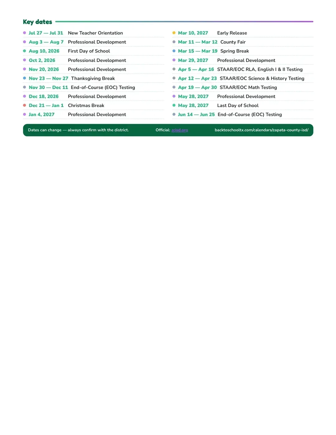 Zapata County ISD Calendar for the Year 26-27 — key dates