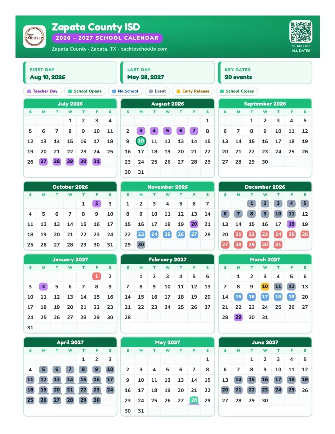 Zapata County ISD Calendar for the Year 26-27