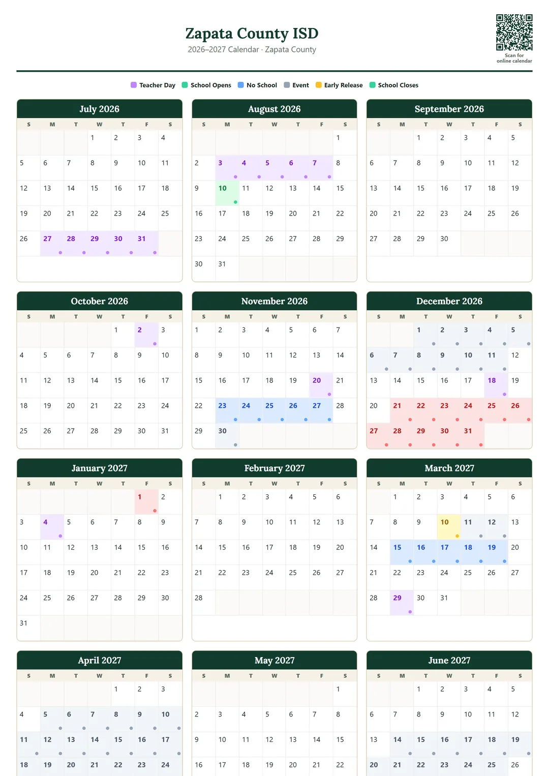 Zapata County ISD printable 2026–2027 calendar