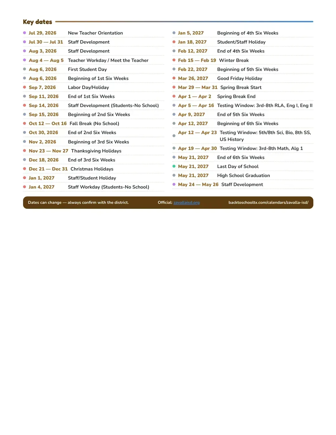 Zavalla ISD Calendar for the Year 26-27 — key dates
