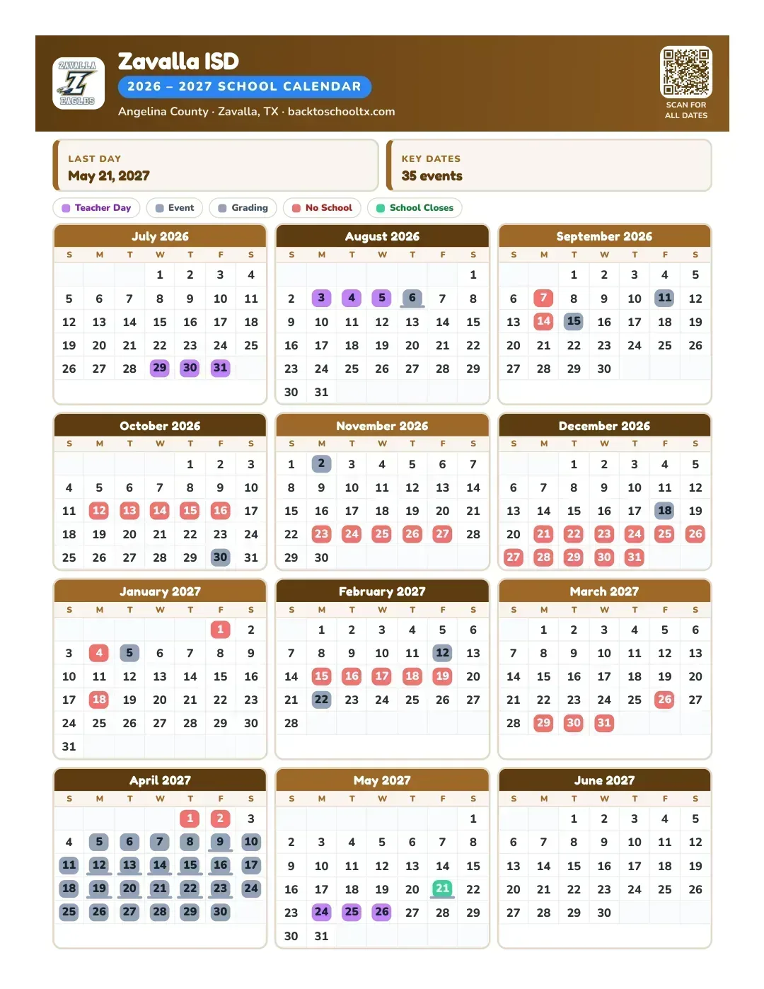 Zavalla ISD Calendar for the Year 26-27