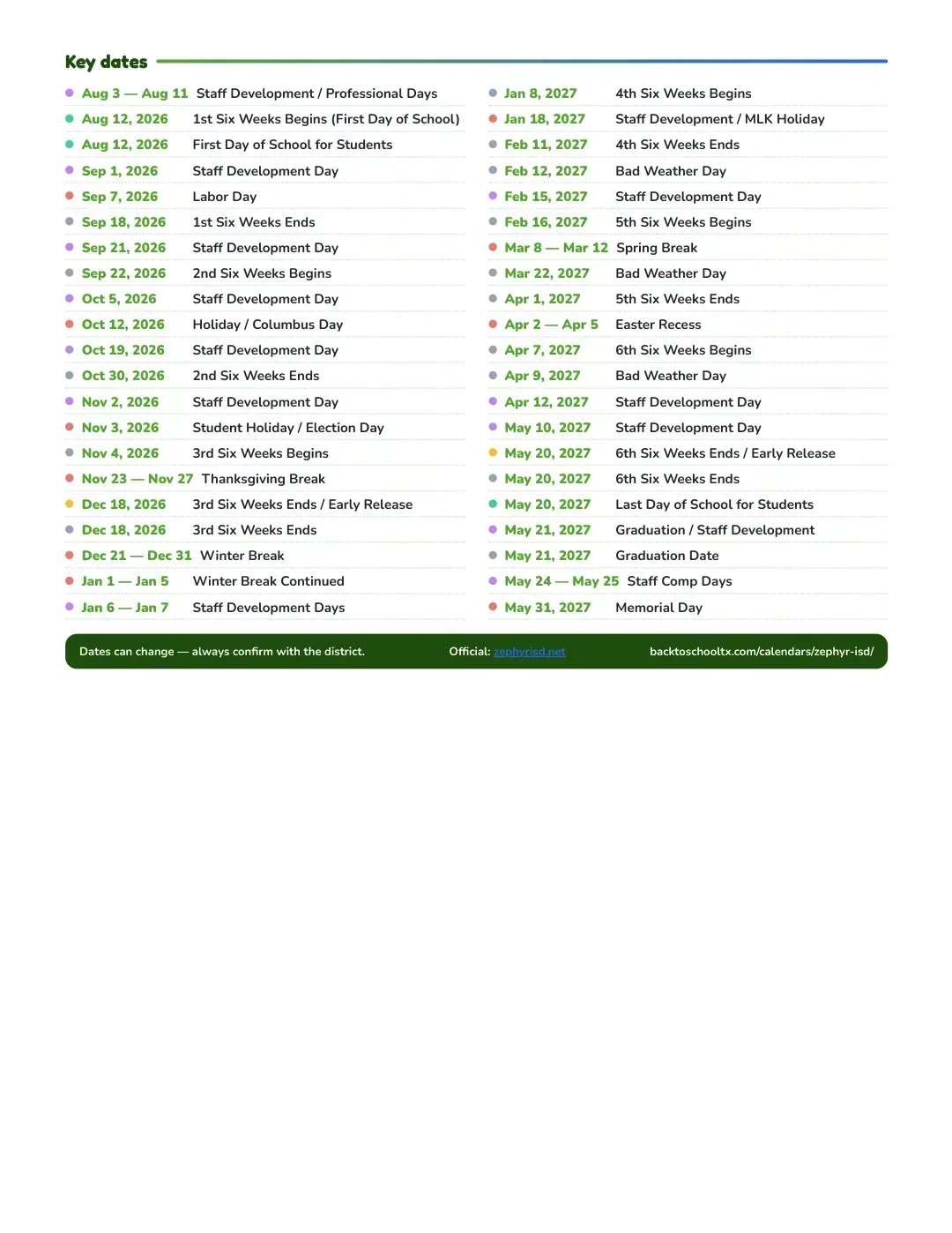 Zephyr ISD Calendar for the Year 26-27 — key dates