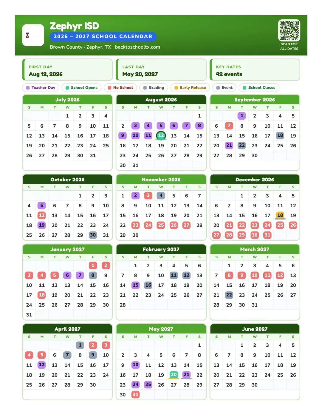 Zephyr ISD Calendar for the Year 26-27