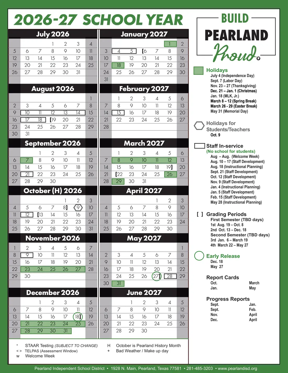 Pearland ISD 2026–2027 academic calendar