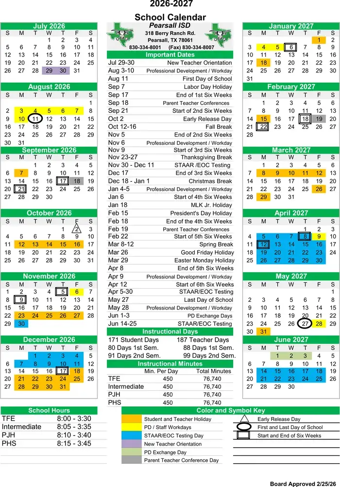 Pearsall ISD 2026–2027 academic calendar