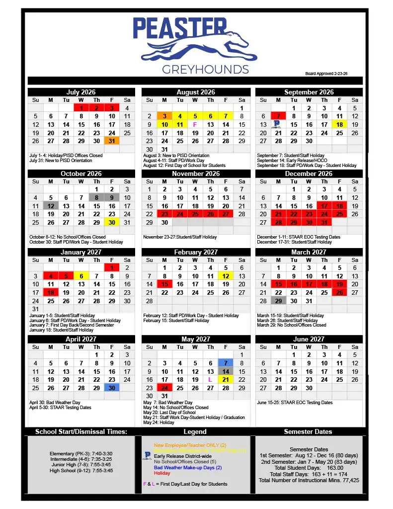 Peaster ISD 2026–2027 academic calendar