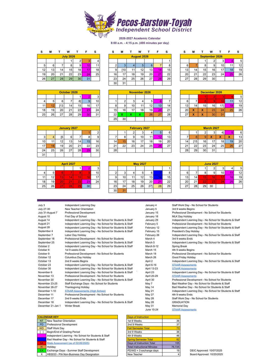Pecos-barstow-toyah ISD 2026–2027 academic calendar