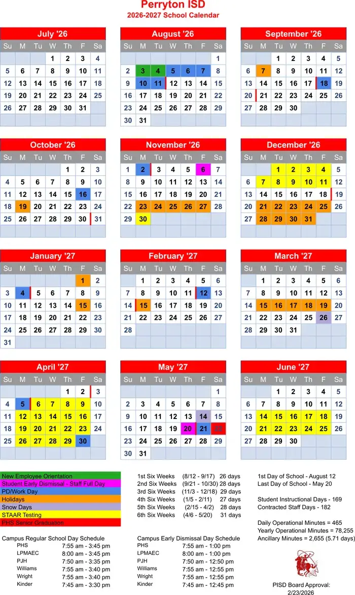 Perryton ISD 2026–2027 academic calendar