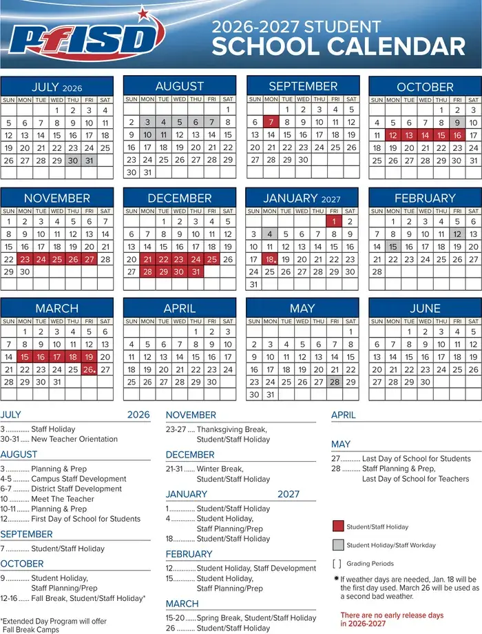Pflugerville ISD 2026–2027 academic calendar