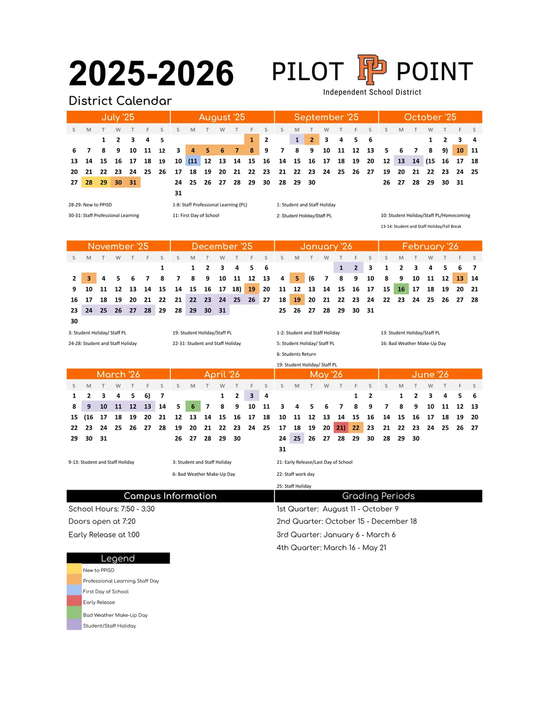 Pilot Point ISD 2026–2027 academic calendar