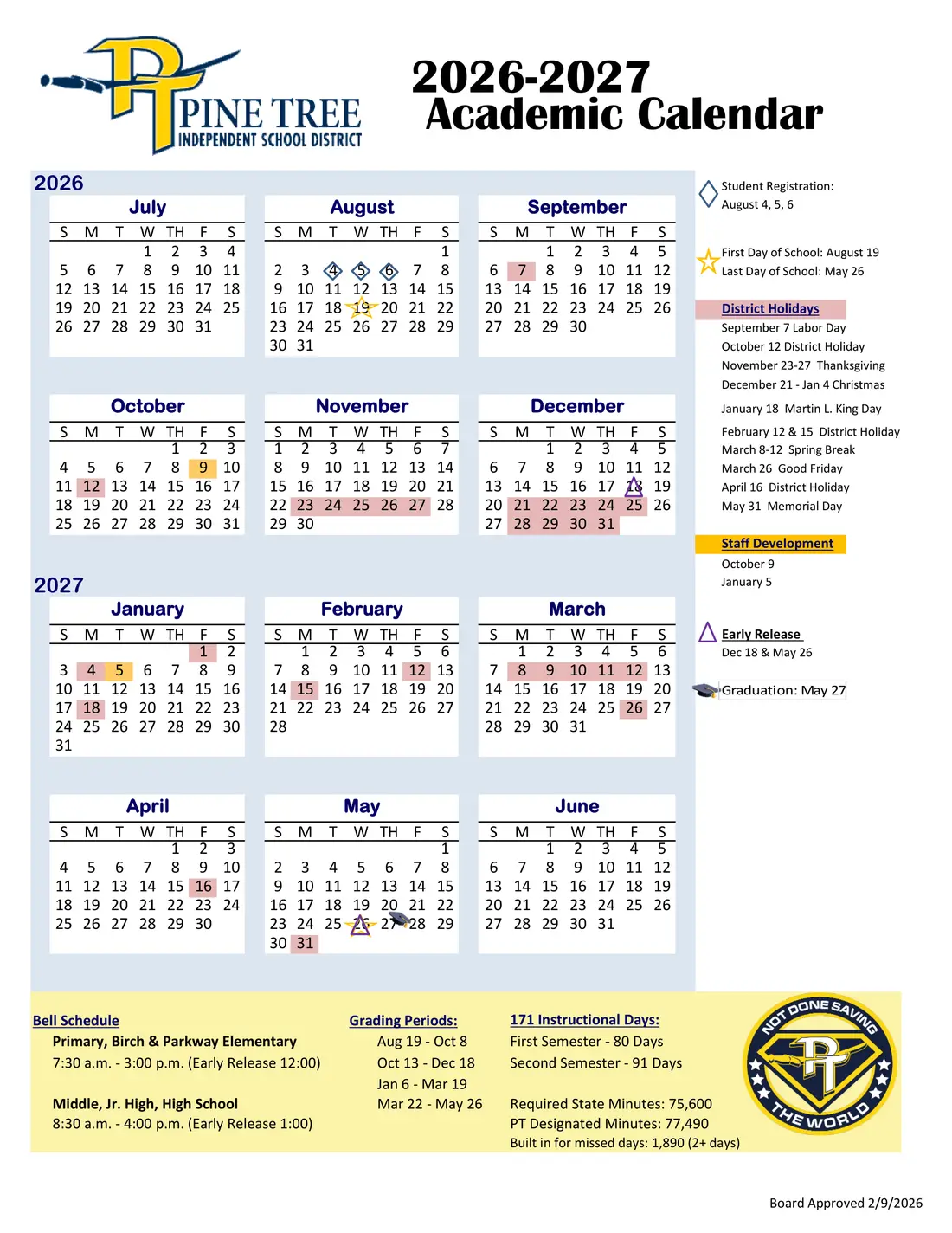 Pine Tree ISD 2026–2027 academic calendar
