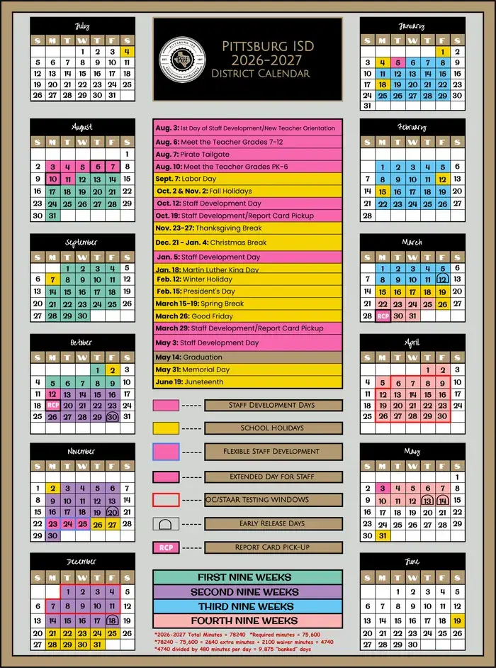 Pittsburg ISD 2026–2027 academic calendar