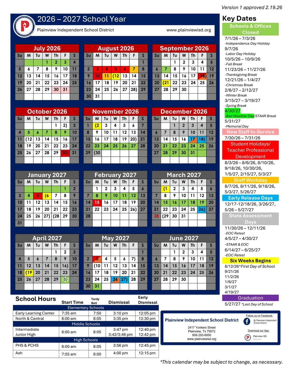 Plainview ISD 2026–2027 academic calendar