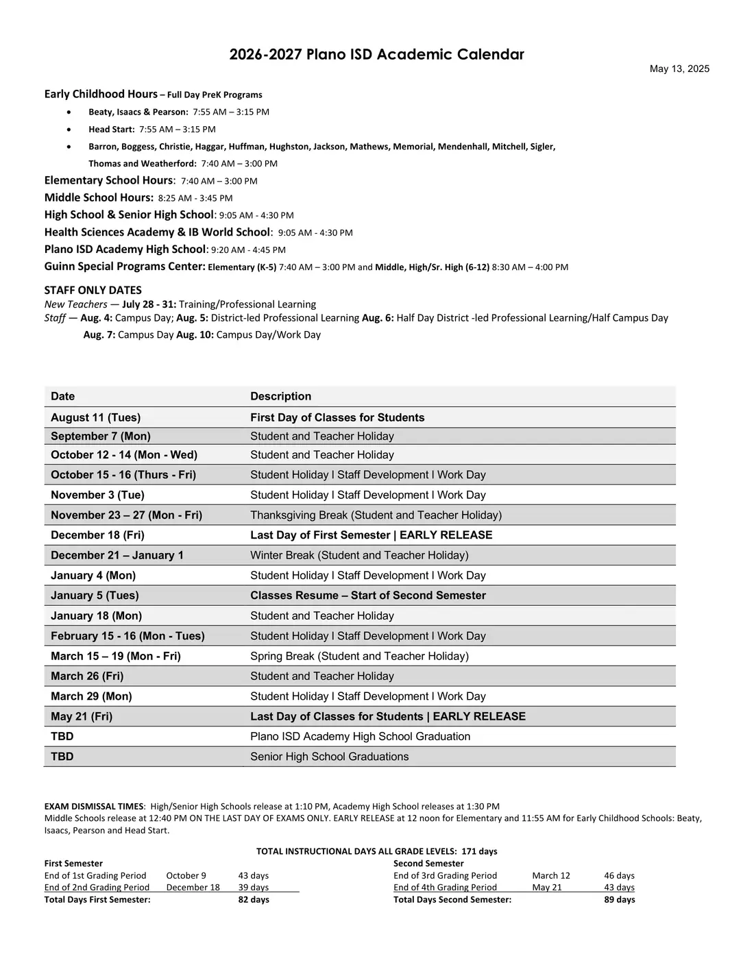 Plano ISD 2026–2027 academic calendar