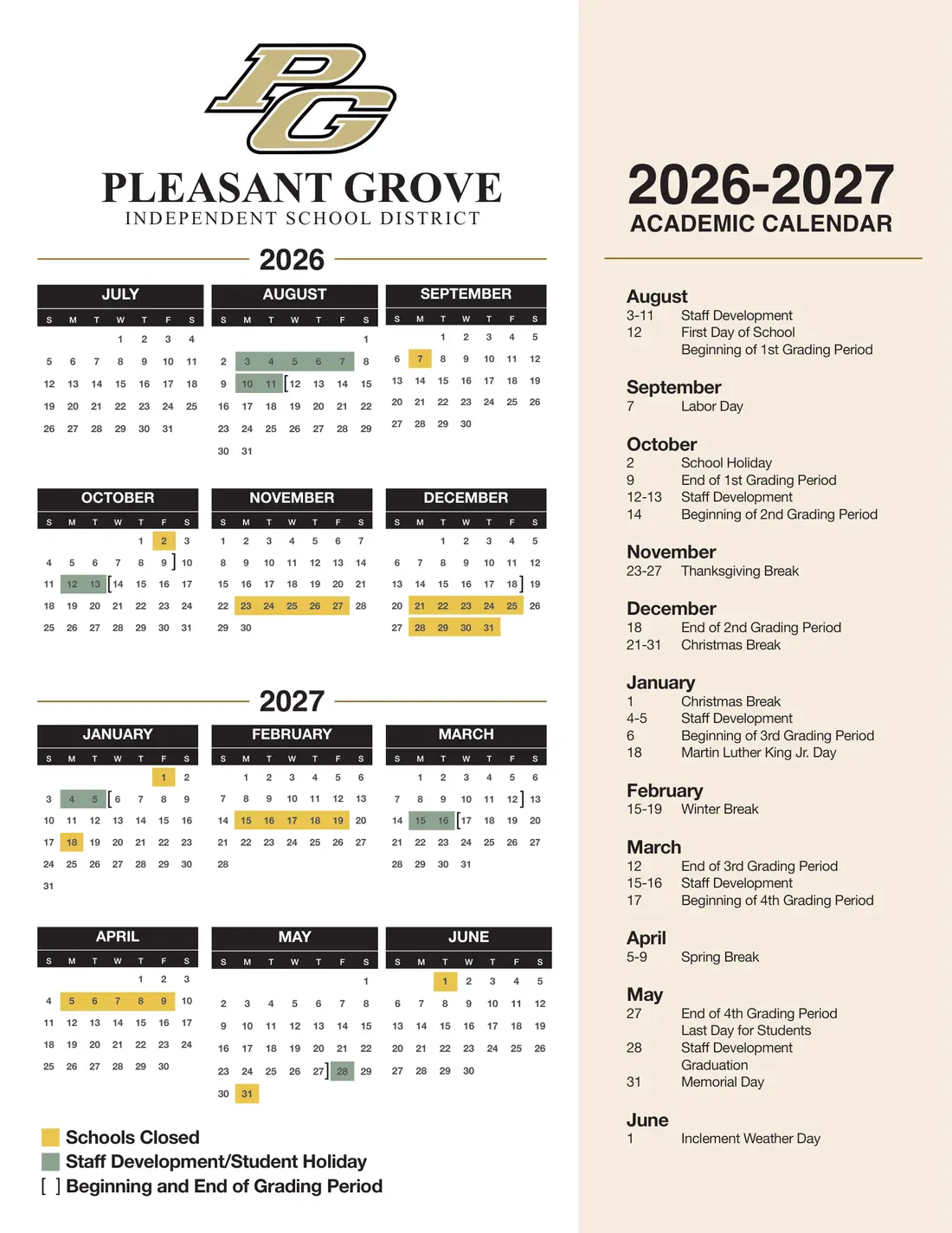 Pleasant Grove ISD 2026–2027 academic calendar