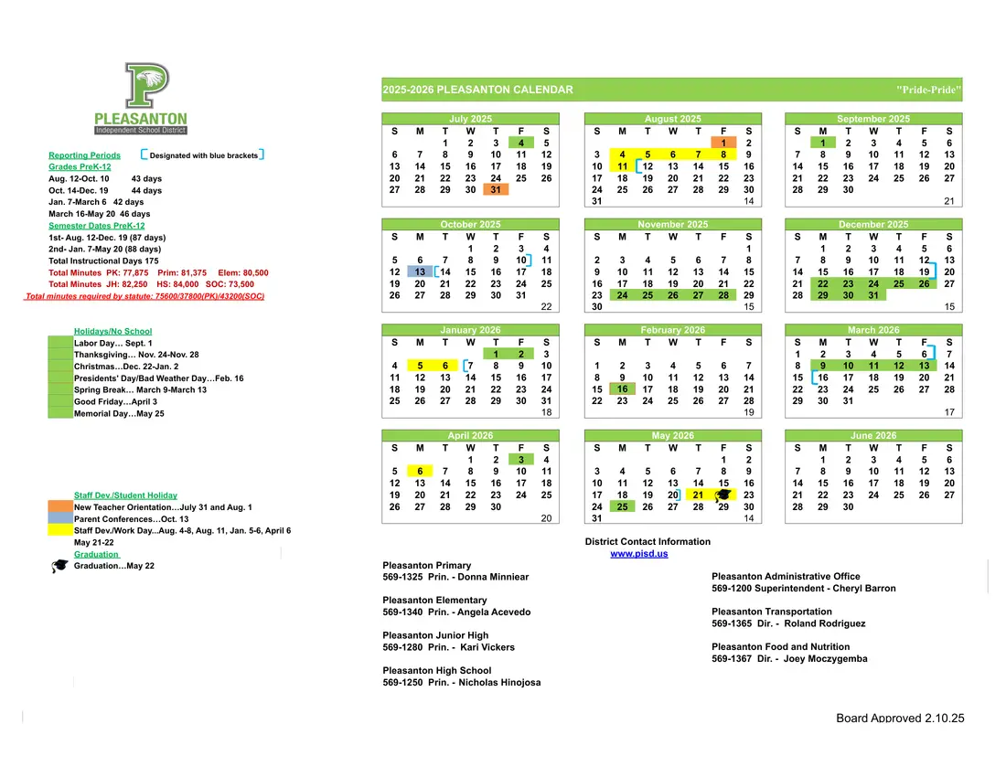 Pleasanton ISD 2026–2027 academic calendar